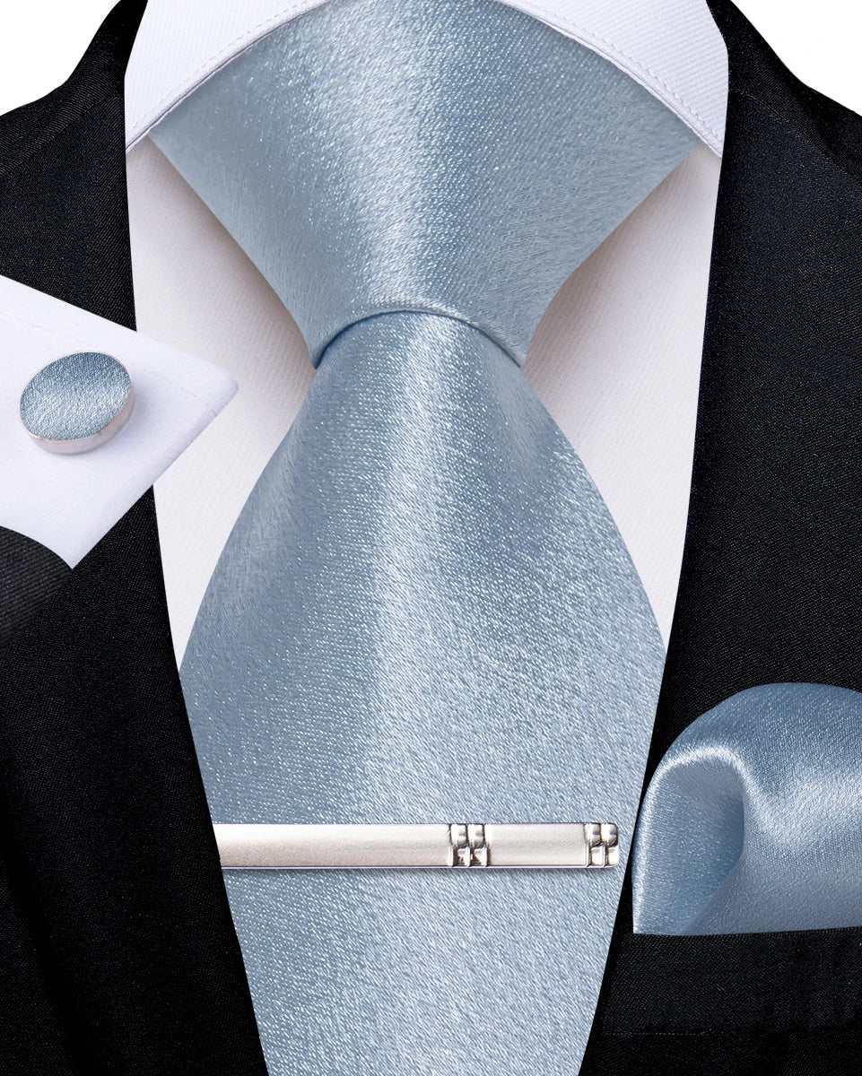 4Pcs Solid Green Brown Black Blue Red Satin 8cm Men Tie Set Handkerchief Cufflinks Wedding Party Accessories Gift for Husband