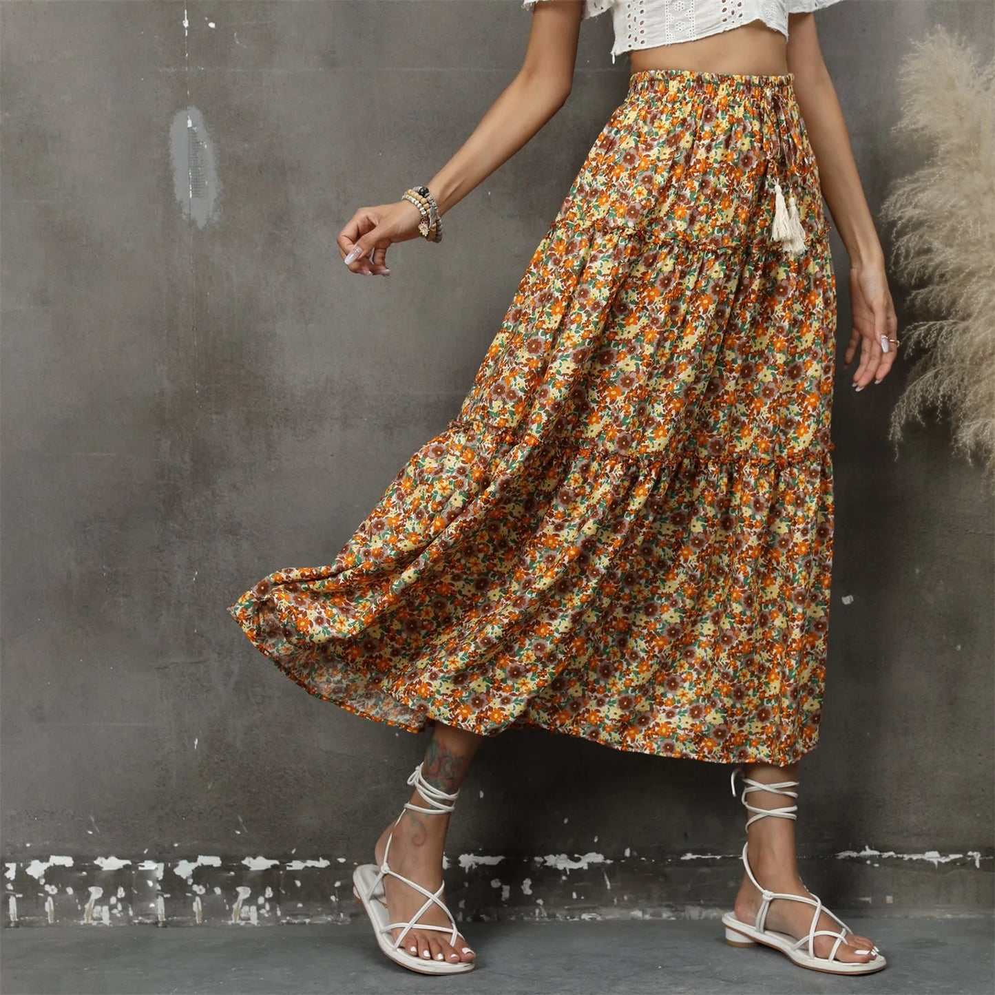 Summer Floral Print TINTINOS Skirts Women High Waist Ruffles Pleated Long Maxi Beach Skirt British Style Bohemian Midi Skirts