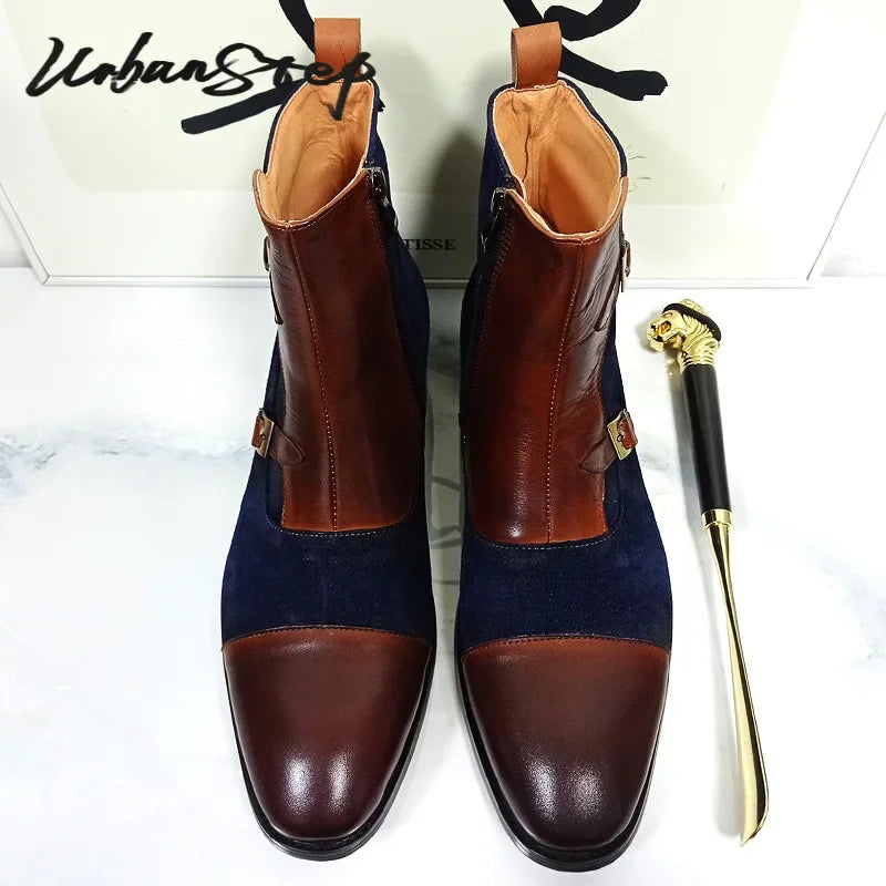 Big Big Big SALES IS ON NOW LUXURY MEN'S BOOTS HIGH ZIPPER ANKLE BOOTS STRAP BCKLE CASUAL MENS DRESS SHOES BLUE MIX BROWN GENUINE LEATHER BOOTS MEN