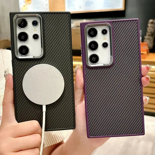 Luxury Carbon Fiber Pattern Armor For Magsafe Case For Samsung Galaxy S24 Plus Ultra Magnetic Wireless Charge Matte Hard Cover