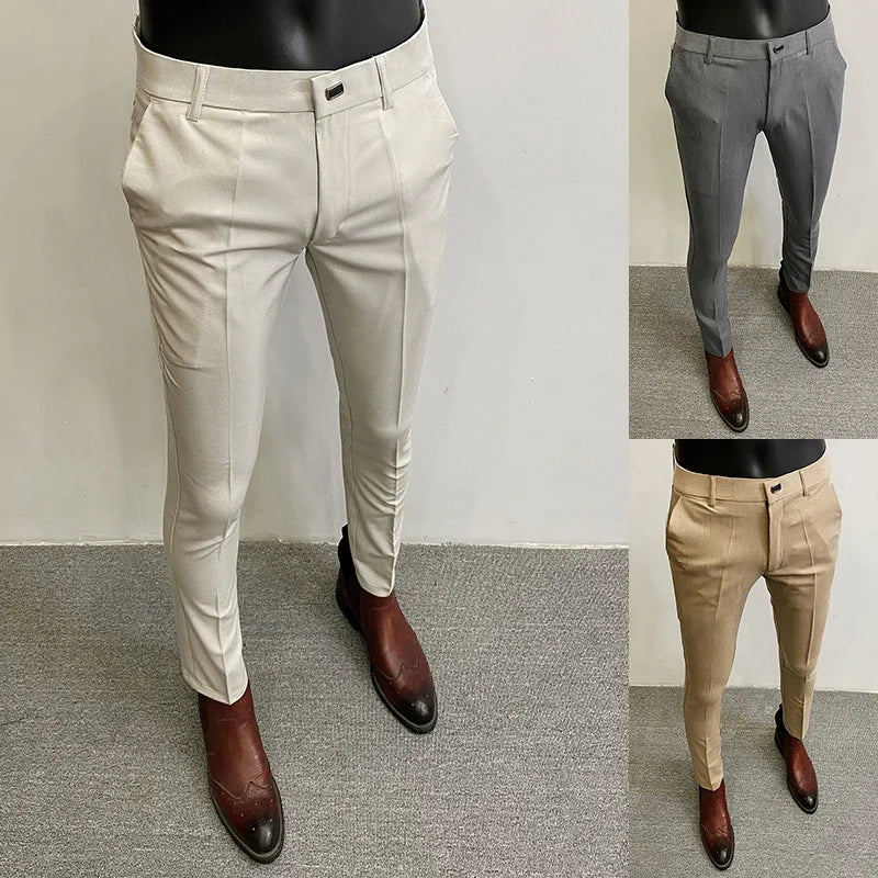 Men Suit Pants Formal Trousers Pantalone Hombre Stretch Slim Solid Color Casual Dress Full Length Pants Fashion New Men Clothing- FREE Laptop Stand is offer if you buy a pant