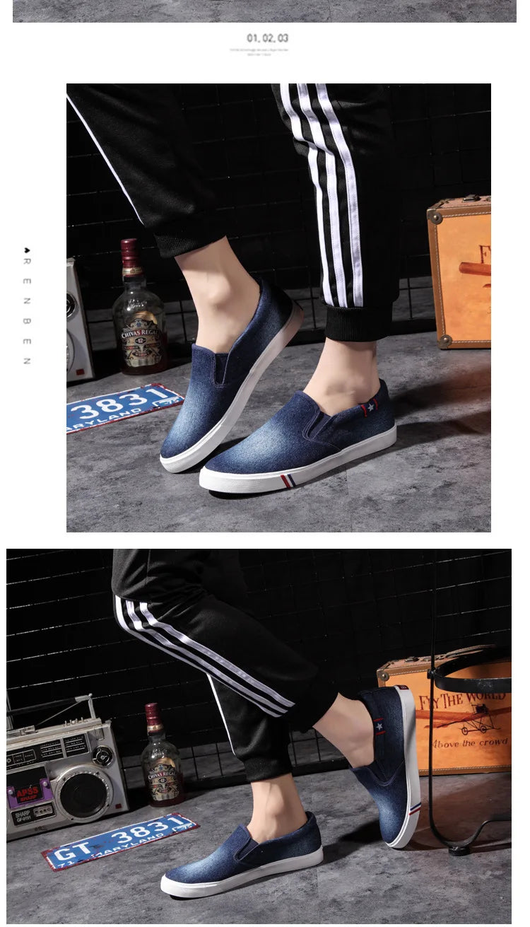 Denim Men's Canvas Shoes Slip-On Sneakers Male Flats Breathable Loafers for Men 2025 Summer Trainers Light Black Shoes Footwear