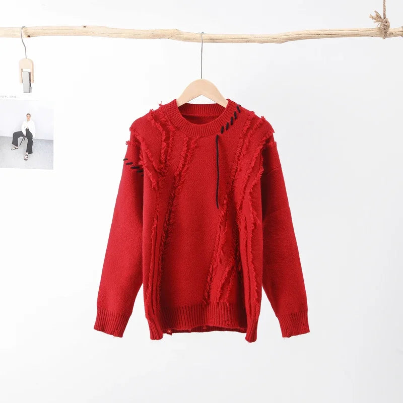 Man Panelled Contrast O neck Sweater 2024-2025 Autumn Winter Vintage Loose Long Sleeves Knitted Pullover Fashion Casual Male Jumper