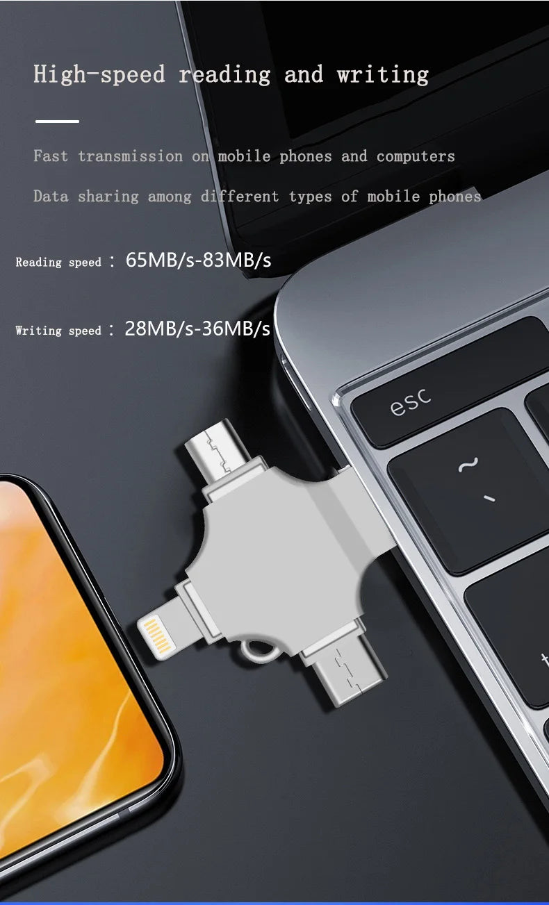 4-in-1 USB  Android/TYPE-C/USB3.0/OTG, 1M+ Cycles, High-Speed 17-90MB/S, Wide Temp Range, Fast Ship, Great Service WHEN YOU PURCHASE ONE WE OFFER A FREE LAPTOP STAND AS A GIFT