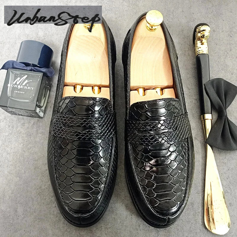 LUXURY MEN LEATHER SHOES BLACK COFFEE SLIP ON SNAKE PRINT DRESS MEN'S CASUAL SHOES WEDDING OFFICE BANQUET Loafers Shoes For Men