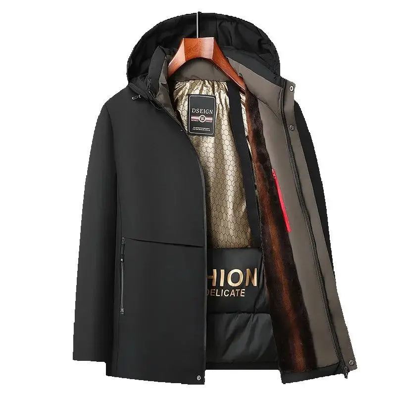 Men Winter  2025-2026 Thick Warm Parka Coat Fleece Inside Male Solid Color Hooded Thick Jacket  Men's Middle Long Coat Size