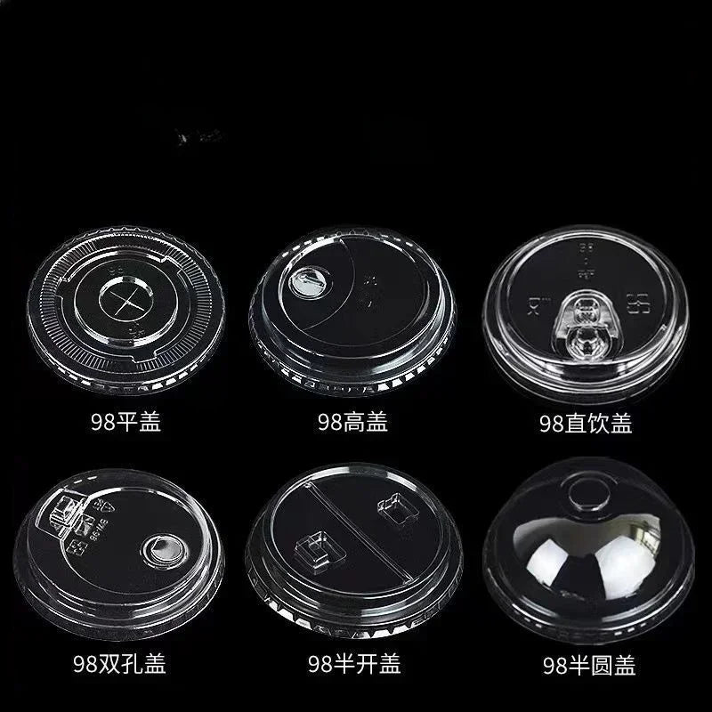 100pcs 98/90mm Caliber Cup Lid Disposable Plastic Transparent Cup Cover Milk Tea Coffee Drinks Packaged Leak Proof Cup Lids