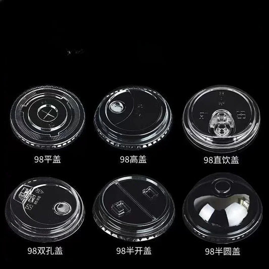 100pcs 98/90mm Caliber Cup Lid Disposable Plastic Transparent Cup Cover Milk Tea Coffee Drinks Packaged Leak Proof Cup Lids