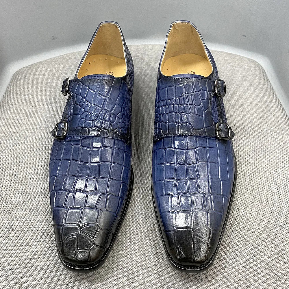 Big Size 12 Mens Monk Strap Dress Shoes Genuine Leather Luxury Crocodile Print Double Buckles Pointed Toe Wedding Shoes for Men WE offer 10% off and FREE SHIPPING