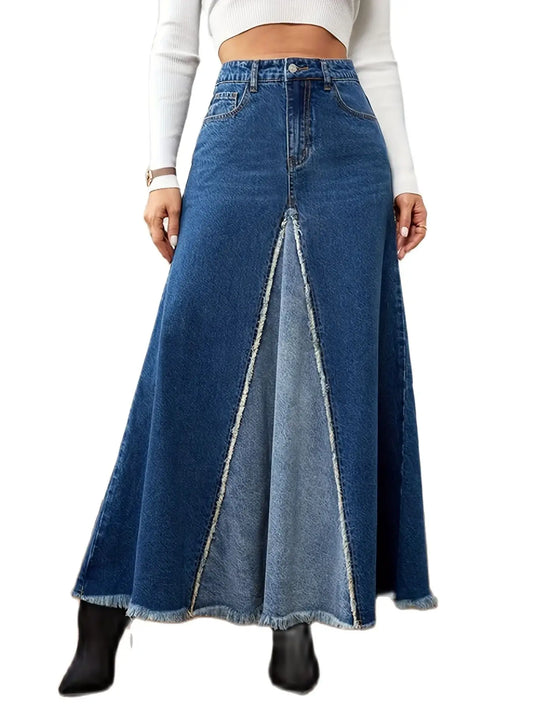 2024 Autumn New Women's Denim Long Skirt Fashion Loose Spliced Denim Swing Skirt Female Casual Clothes XS-L