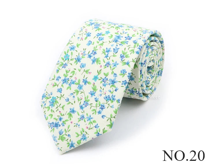 New Chic Floral Tie For Men 2025 100% Cotton Beautiful Elegant Flower Necktie White Blue Narrow Skinny Wedding Casual Cravat
