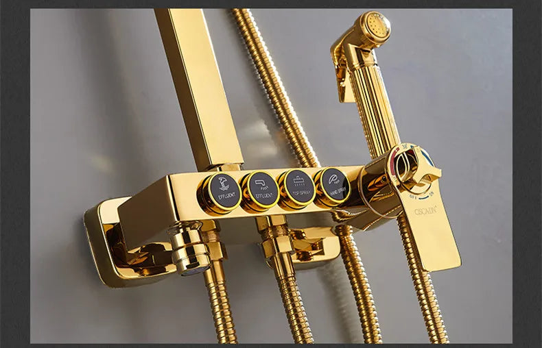 Free Shipping - Brand New 2024-2025 Gold Thermostatic Bathroom Shower Set Hot Cold Bathroom Faucet Accessories 12 Inch Shower Head Golden Bathroom Shower System