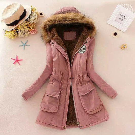 Women Autumn Winter Warm Fur Hooded Parkas Thick Cotton Slim Padded Coat Casual Vintage Streetwear Oversized Overcoat Jackets