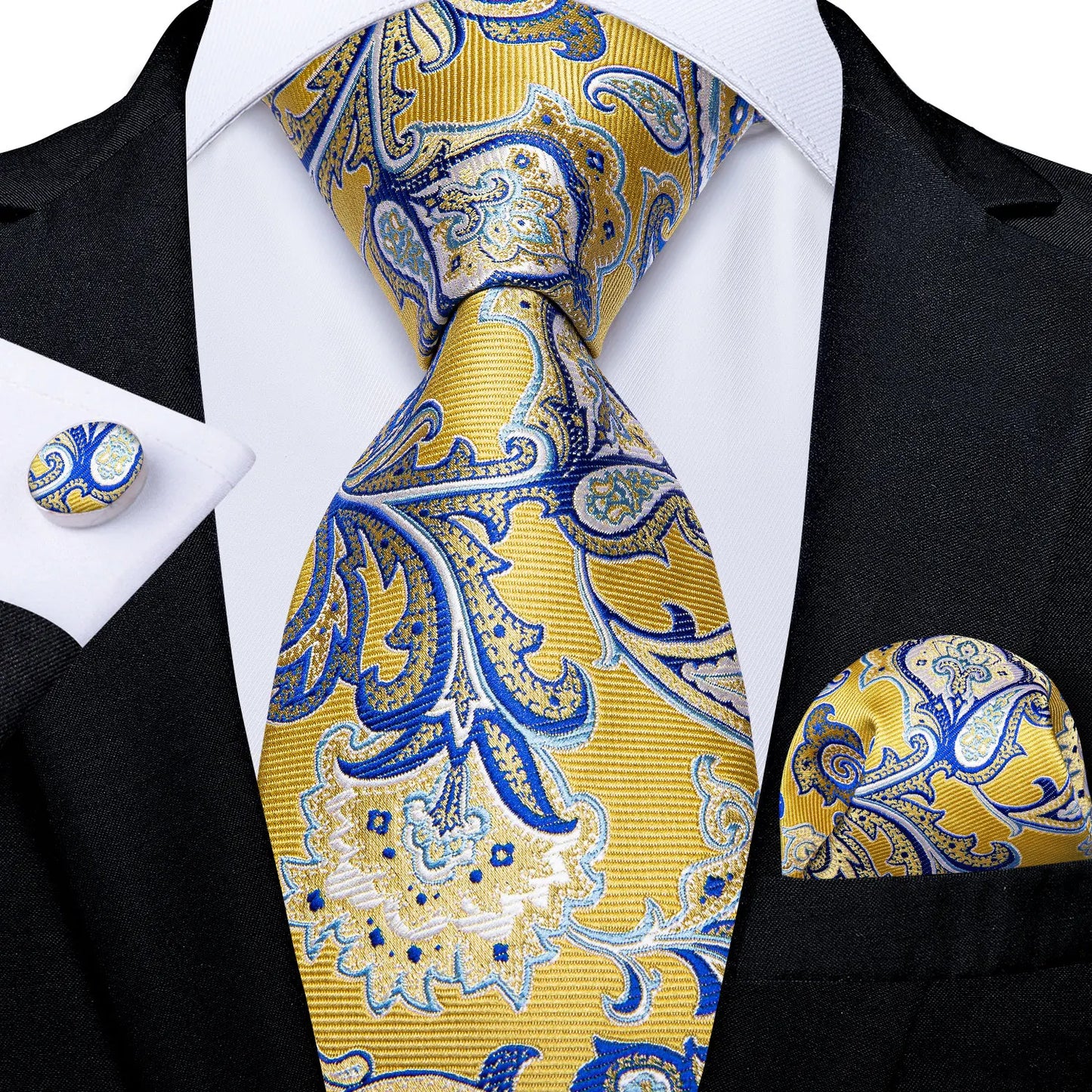 Brand New 2025 Mens Tie 100% Silk Classic Jacquard Woven 8cm Gold Yellow Formal Business Wedding Neck Tie Pocket Square Set Suit Cravat