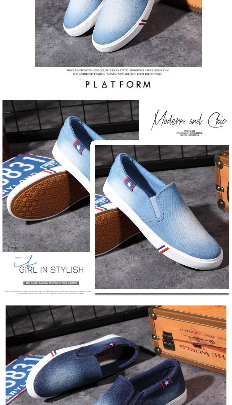 Denim Men's Canvas Shoes Slip-On Sneakers Male Flats Breathable Loafers for Men 2025 Summer Trainers Light Black Shoes Footwear