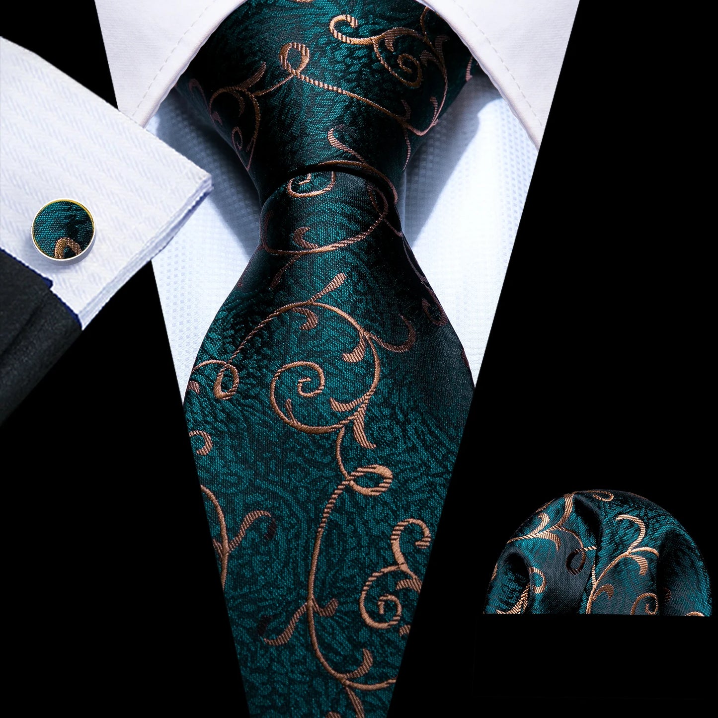 Fashion Silk Men Tie Green Teal Blue Solid Paisley Striped Plaid Floral Animal Necktie Handkerchief Cufflinks Set Barry. For Wedding