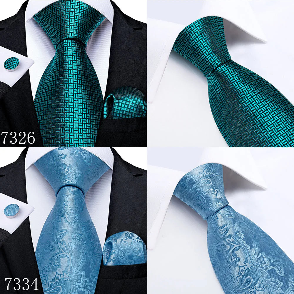 DiBanGu Mens Necktie Teal Green Blue Solid Design Silk Wedding Tie For Men Hanky Cufflinks Tie Set Fashion Bussiness Party