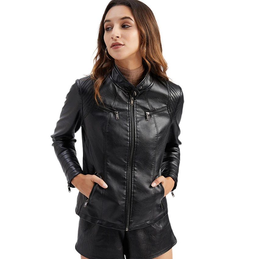 Bright Red V-neck Leather Jacket Women's, Fashion Slim PU Coat, Black Short Outerwear Size XS S M L XL XXL