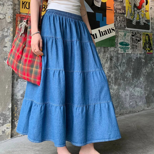 Vintage Women Denim Skirts Long Denim Layered Ladies 2024 Summer A-Line Loose Casual Elastic High Waist Midi Jeans Skirt L985