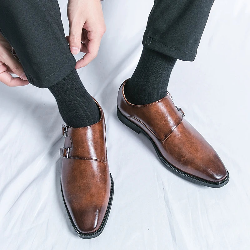 2024-2025 New Leather Shoes for Men Monk Shoes Classic Brown Wedding Shoes for Men Fashion Casual Men Shoes Evening Dress Moccasins