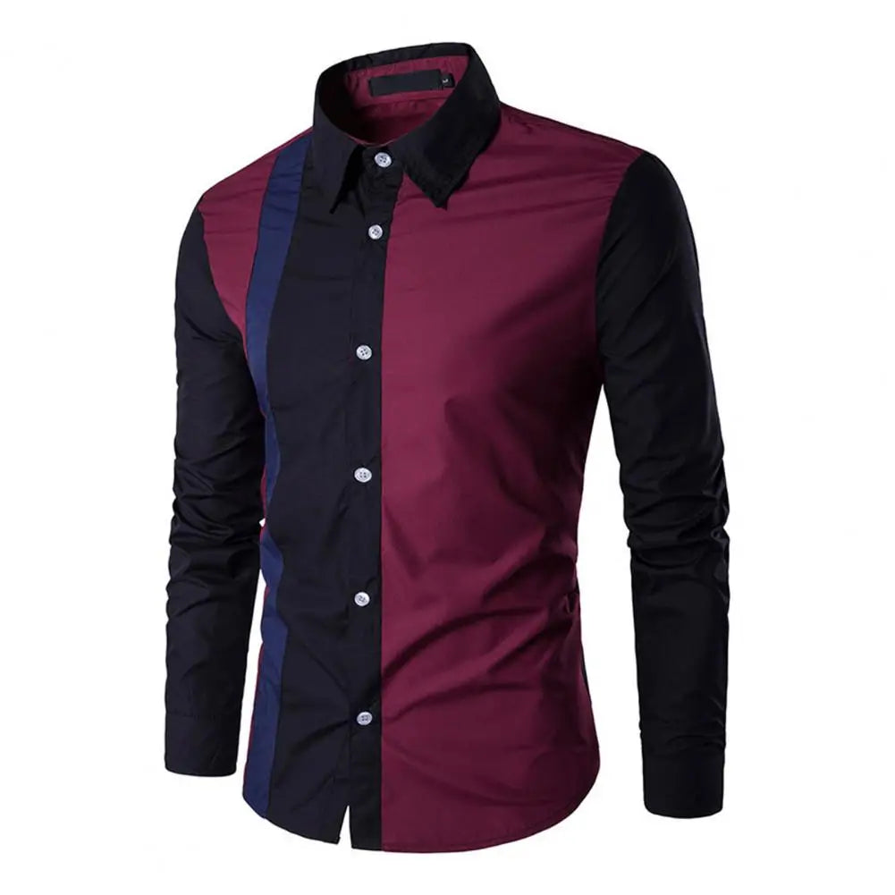 Men Shirt Color Block Splicing Streetwear Buttoned Korean Style Social Shirt for Office Men's Classic Long Sleeve Shirts