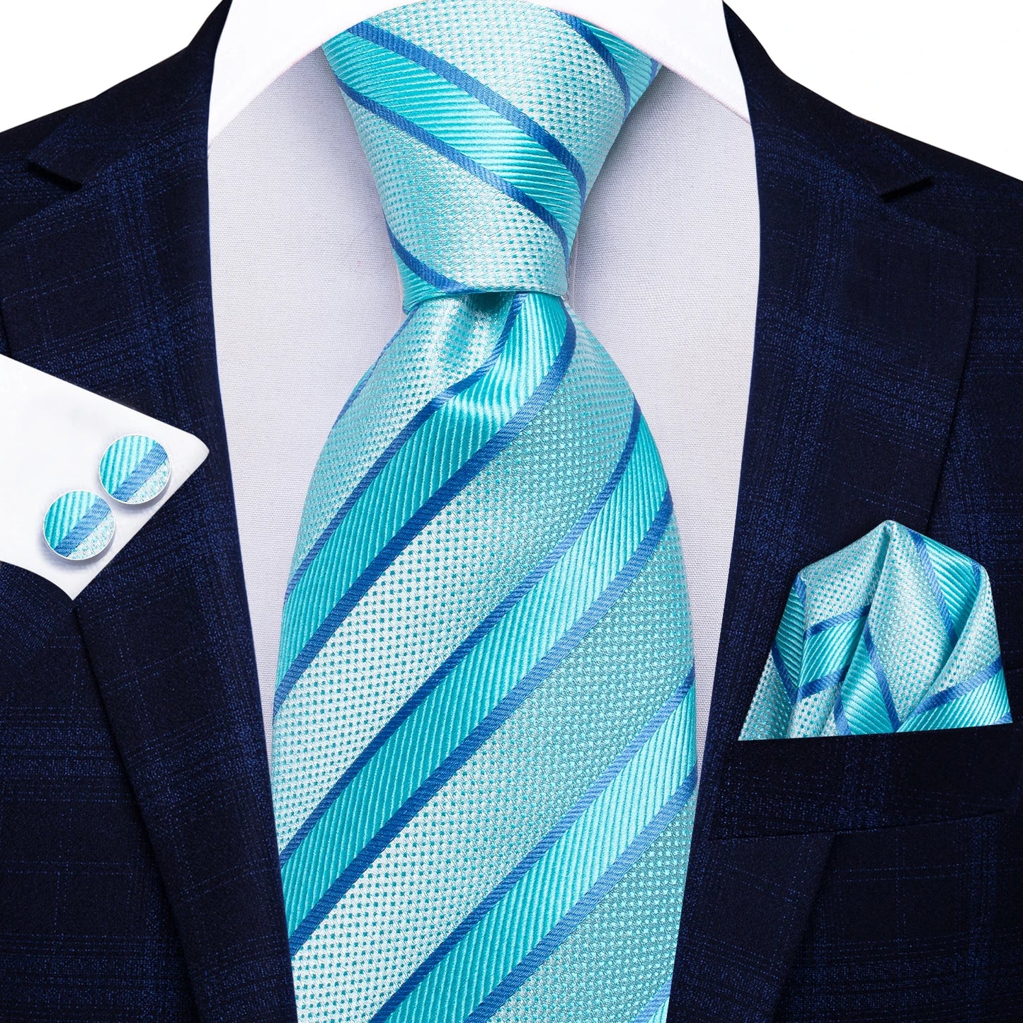 Brand New 2025 Hi-Tie Light Blue Striped Novelty Silk Wedding Tie For Men Handky Cufflinks Nicktie Set Fashion Design Business Party