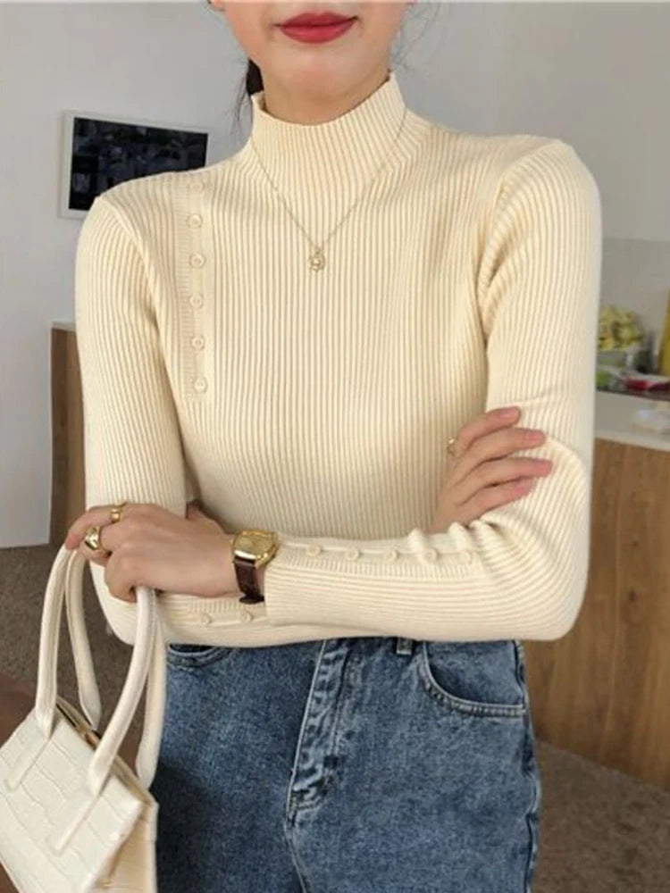 Women Knitted Sweater Long Sleeve Button Turtleneck Slim Pullovers for Autumn Winter 2024 Female Sweaters Soft Warm Bottoming Tops