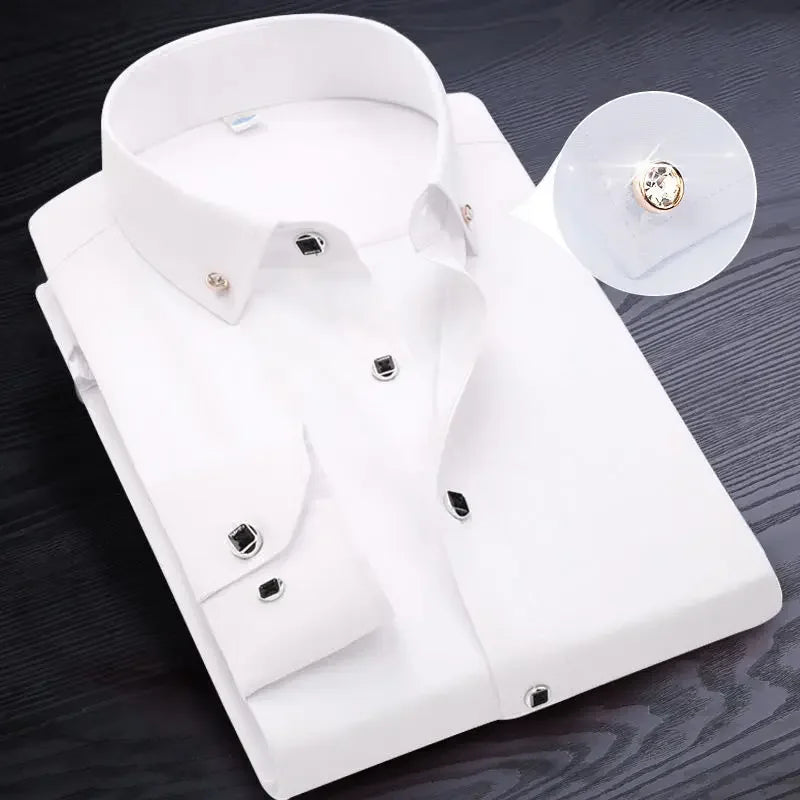 Summer Business Slim Fit White Shirt for Men - British Casual Tooling Style with Three Buttons Men's Long Sleeve Shirts