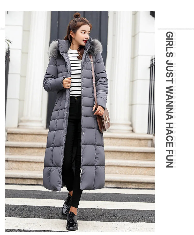 New 2024 - 2025 X-Long Down Jacket Women Casual Thick Warm Padded Coat Winter Loose Solid Hooded Parkas Lady Korean Fashion Solid Long Overcoa