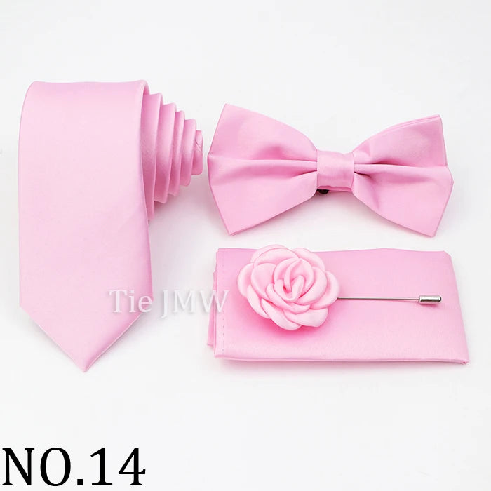 Hot Sale Pink Purple Sage Green Tie Set Polyester Necktie Bowtie Cufflink Brooch For Groom Suit Wedding Cravat Shirt Accessory