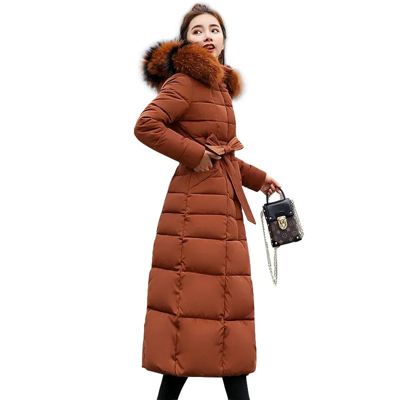 New 2024 - 2025 X-Long Down Jacket Women Casual Thick Warm Padded Coat Winter Loose Solid Hooded Parkas Lady Korean Fashion Solid Long Overcoa