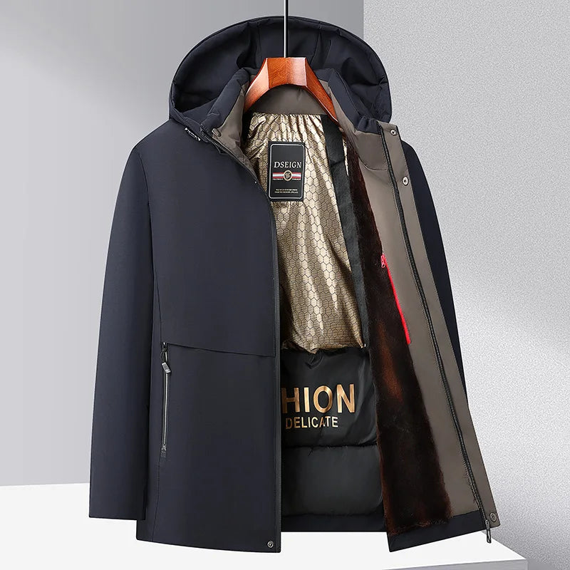 Men Winter  2025-2026 Thick Warm Parka Coat Fleece Inside Male Solid Color Hooded Thick Jacket  Men's Middle Long Coat Size