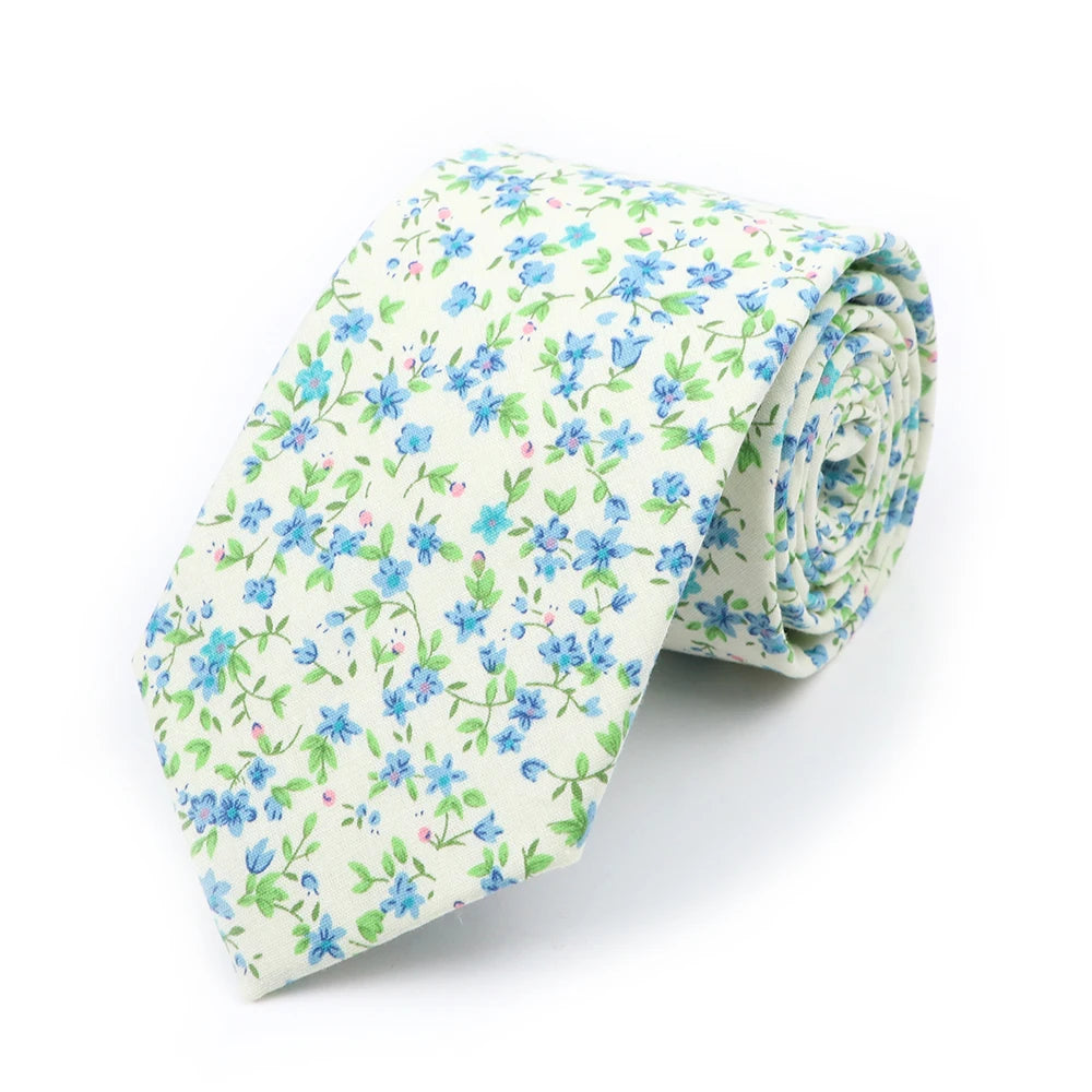 New Chic Floral Tie For Men 2025 100% Cotton Beautiful Elegant Flower Necktie White Blue Narrow Skinny Wedding Casual Cravat