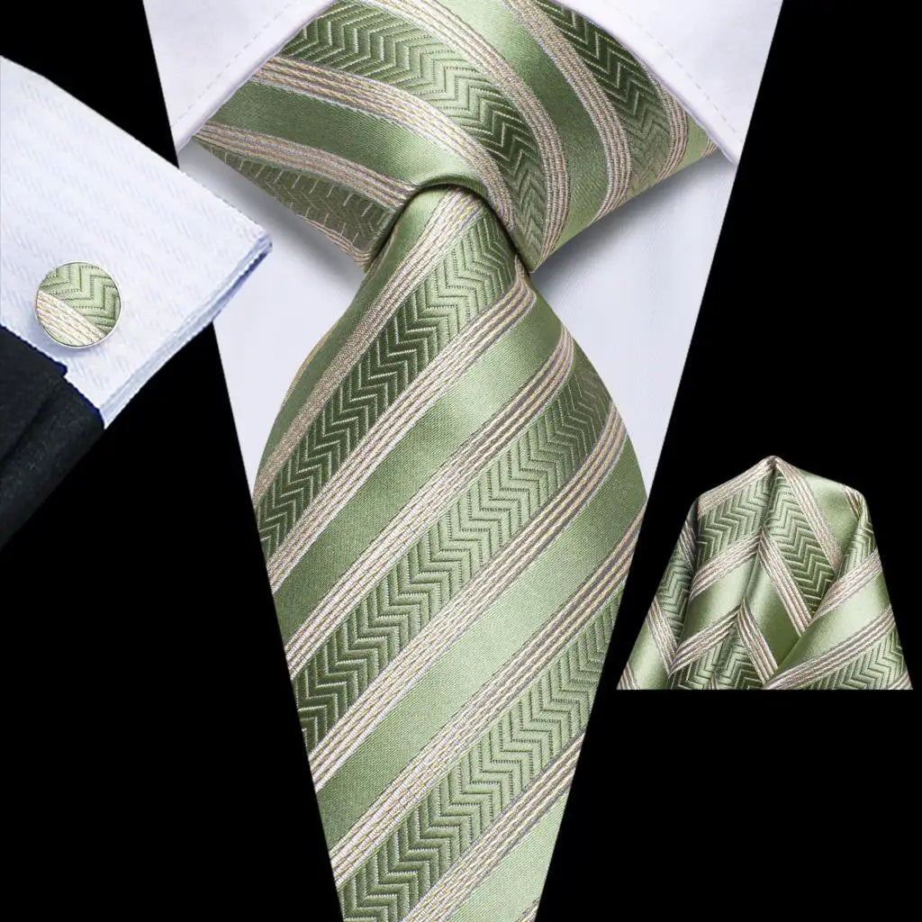 Our Brand  2025 Hi Tie Striped Sage Green Mens Fashion Necktie Handkerchief Cufflinks for Tuxedo Accessory Classic Silk Luxury Tie for Man Gift