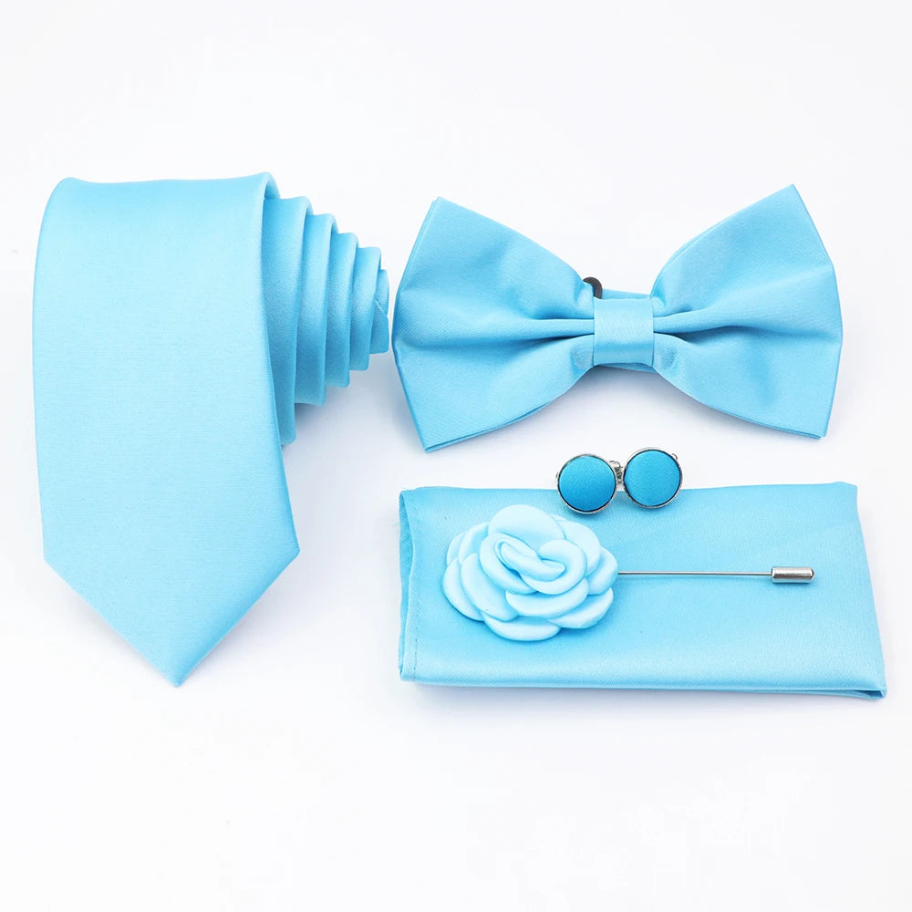 Hot Sale Pink Purple Sage Green Tie Set Polyester Necktie Bowtie Cufflink Brooch For Groom Suit Wedding Cravat Shirt Accessory