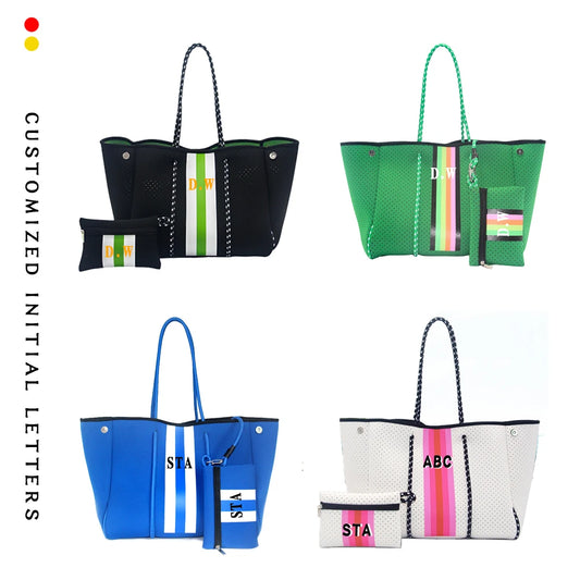 Personalized Custom Women's Handbag Printed Handbag Beach Bag Leisure Travel Tote Bag Diving Material Solid Color With Stripes