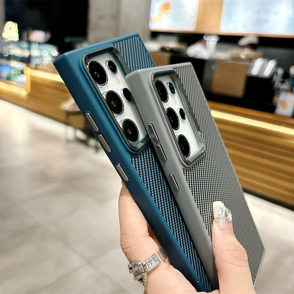 Luxury Carbon Fiber Pattern Armor For Magsafe Case For Samsung Galaxy S24 Plus Ultra Magnetic Wireless Charge Matte Hard Cover