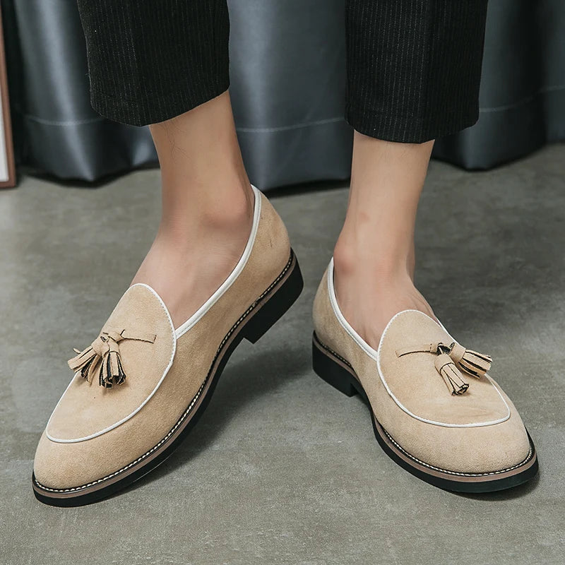 Italian Luxury Brand Suede Men's Tassel Design Loafers Slip-on Handmade High Quality Nubuck Leather Shoes Pointed Toe Thick Sole