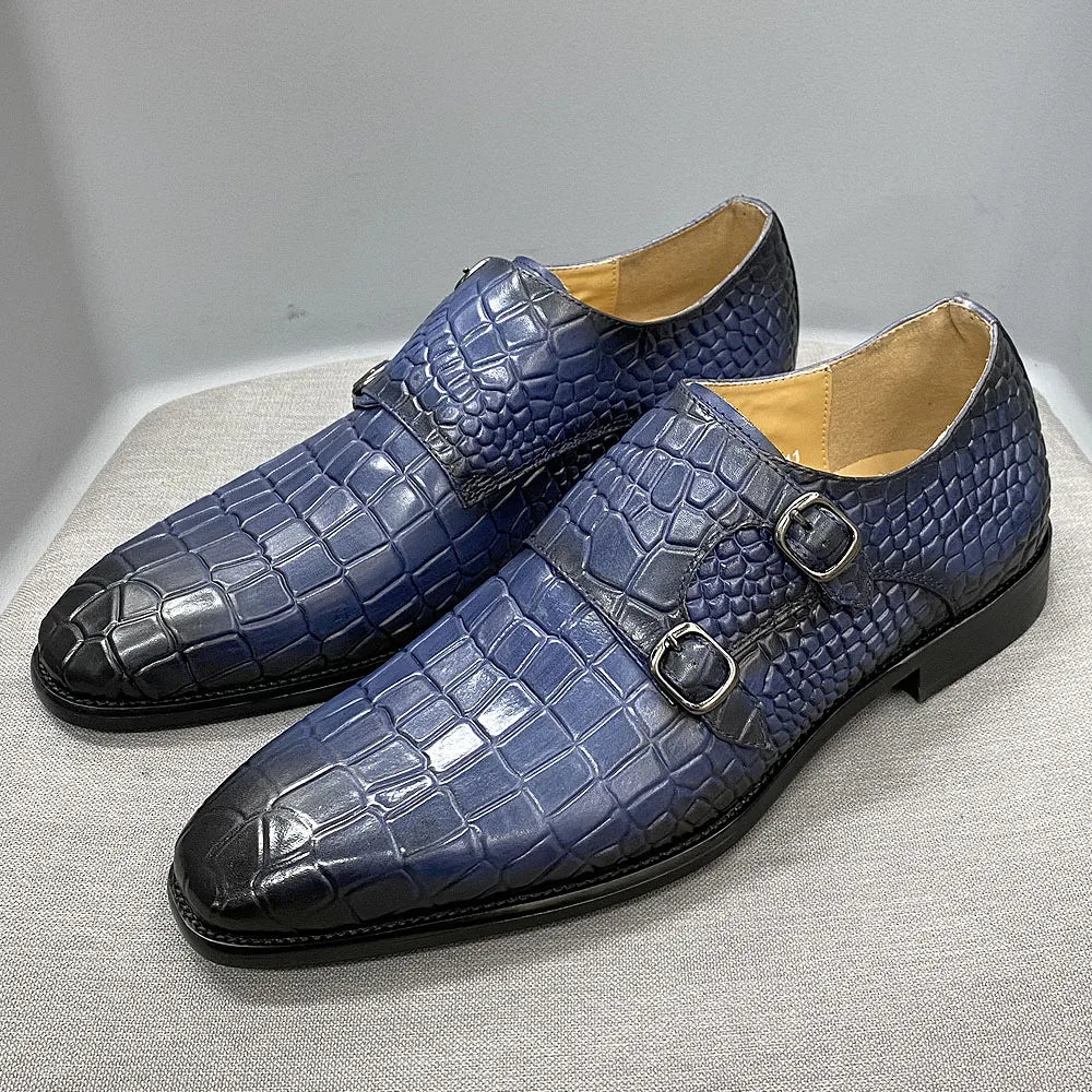 Big Size 12 Mens Monk Strap Dress Shoes Genuine Leather Luxury Crocodile Print Double Buckles Pointed Toe Wedding Shoes for Men WE offer 10% off and FREE SHIPPING