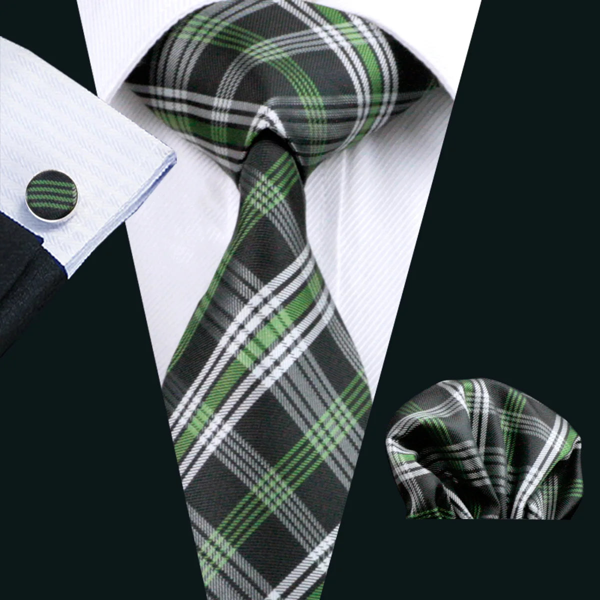 Green Men Tie Wedding Silk Solid Necktie Pocket Square Cufflinks Sets New Suit High Quality Party Business Designer