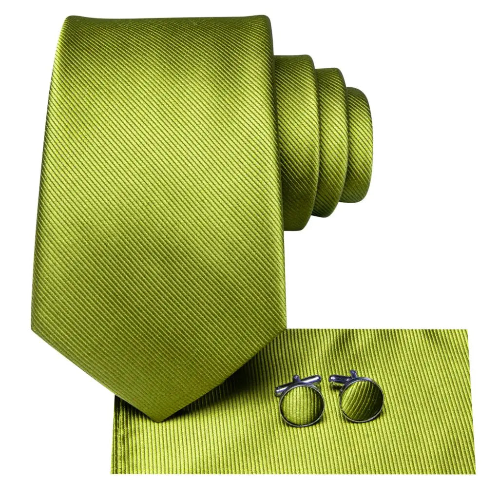 Hi-Tie Solid Green Orange Mens Fashion Necktie Handkerchief Cufflinks for Tuxedo Accessory Classic Silk Luxury Tie for Man Gift