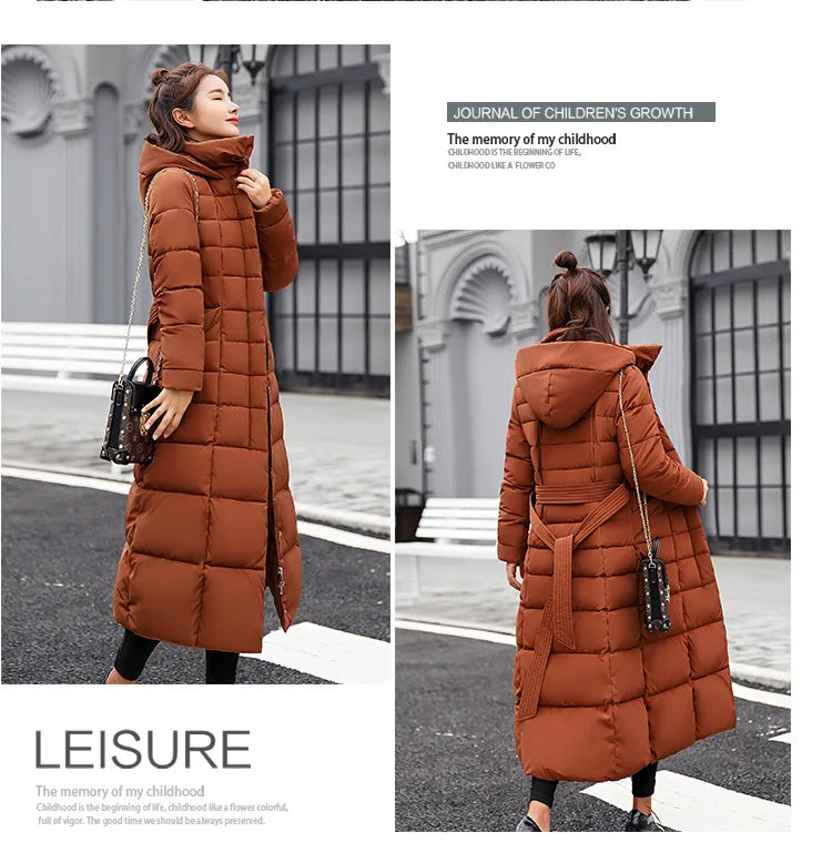 New 2024 - 2025 X-Long Down Jacket Women Casual Thick Warm Padded Coat Winter Loose Solid Hooded Parkas Lady Korean Fashion Solid Long Overcoa