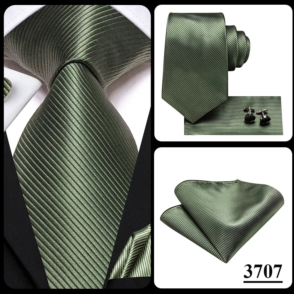 Hi-Tie Solid Green Orange Mens Fashion Necktie Handkerchief Cufflinks for Tuxedo Accessory Classic Silk Luxury Tie for Man Gift