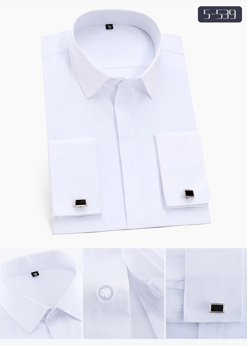 France Cufflinks Men Tuxedo Business Social Shirts Long Sleeve Covered Button Plain Solid Mens Dress Shirt White Light Blue Pink