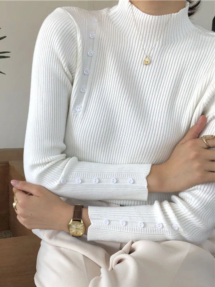 Women Knitted Sweater Long Sleeve Button Turtleneck Slim Pullovers for Autumn Winter 2024 Female Sweaters Soft Warm Bottoming Tops