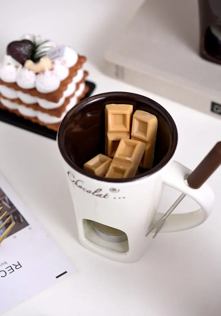 Ceramic Chocolate Cup European Candle Cup Cheese Chocolate Melting Ceramic Mug Heating Food Ceramic Mugwith Fork Creative Mugs