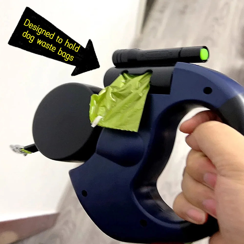 3in1 Double Head Dog Leash Flashlight Poop Bag Dispenser Dual Reflective Pet Cat Leash Automatic Extendable Puppy Traction Rope