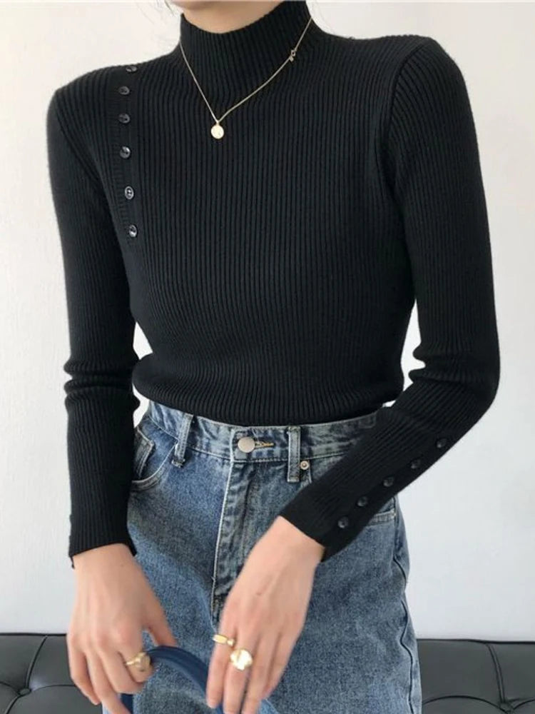 Women Knitted Sweater Long Sleeve Button Turtleneck Slim Pullovers for Autumn Winter 2024 Female Sweaters Soft Warm Bottoming Tops