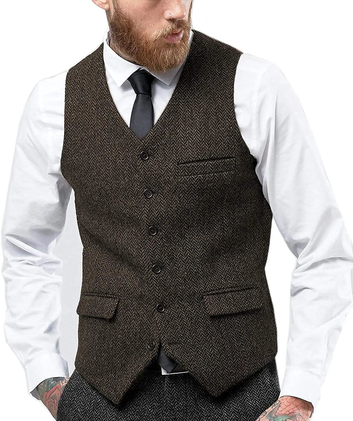V Neck Men's Waistcoat Slim  Fit Single Breasted Herringbone Tweed Men's Suits Vest Groomsmen