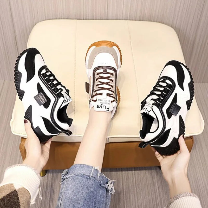 New 2024 and 2025 Trendy Dad Shoes Women's 2024 New Contrast Color Thick Sole Sports Women's Shoes Lace Up Casual Vulcanization Zapatos Mujer Traf